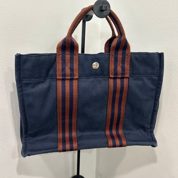 1068 HERMÈS Toile Fourre-Tout PM Tote Blue - Picture 5 of 8